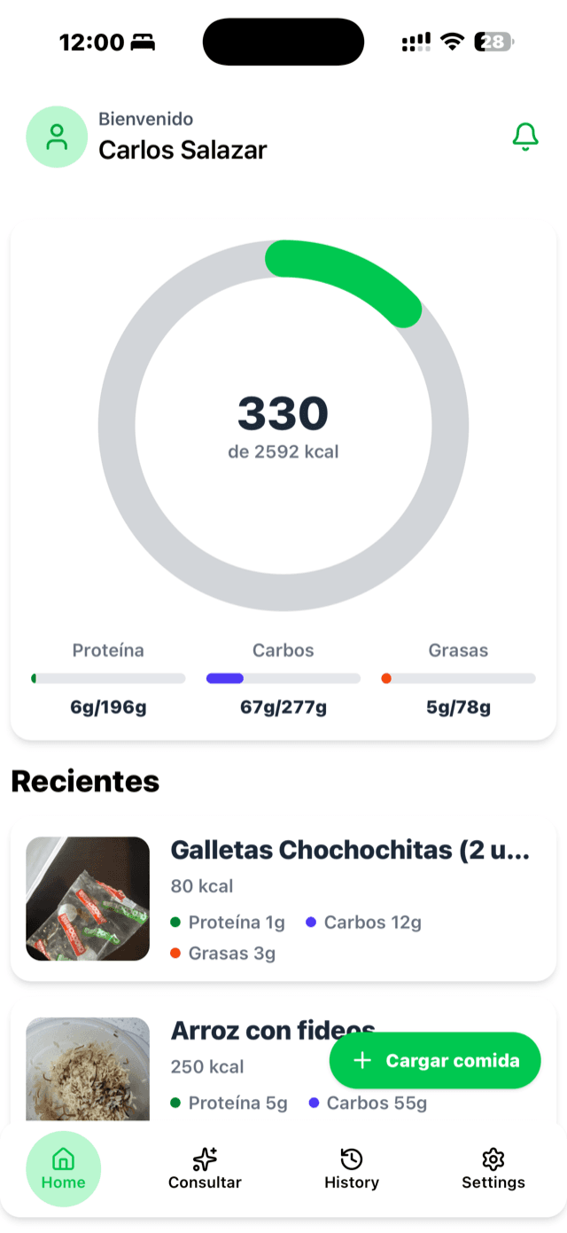La pantalla de Hoy: el anillo con 330 de 2592 kcal, las barras de macros y las comidas recientes